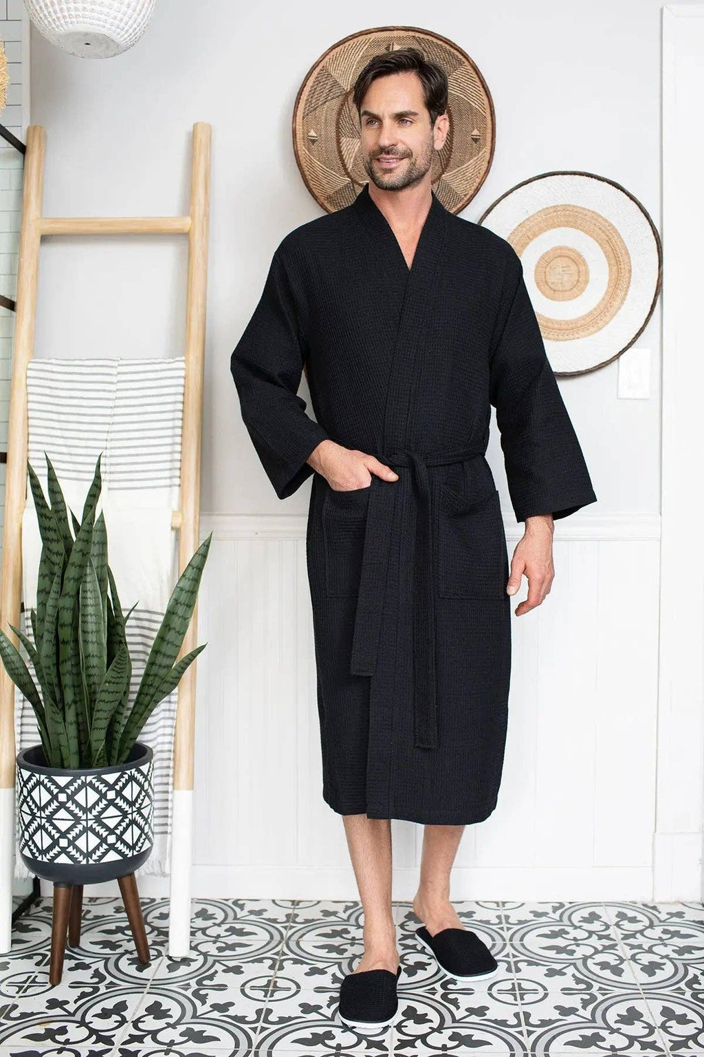 Waffle Kimono Spa Bathrobe for Men -  Absorbent, Lightweight