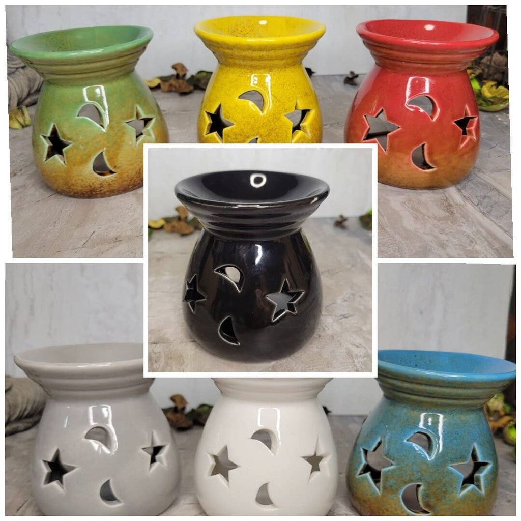 A collage showing multiple ceramic oil lamps or diffusers with star and moon cutouts, shown in several color options including green, yellow, red, black, white, and blue.