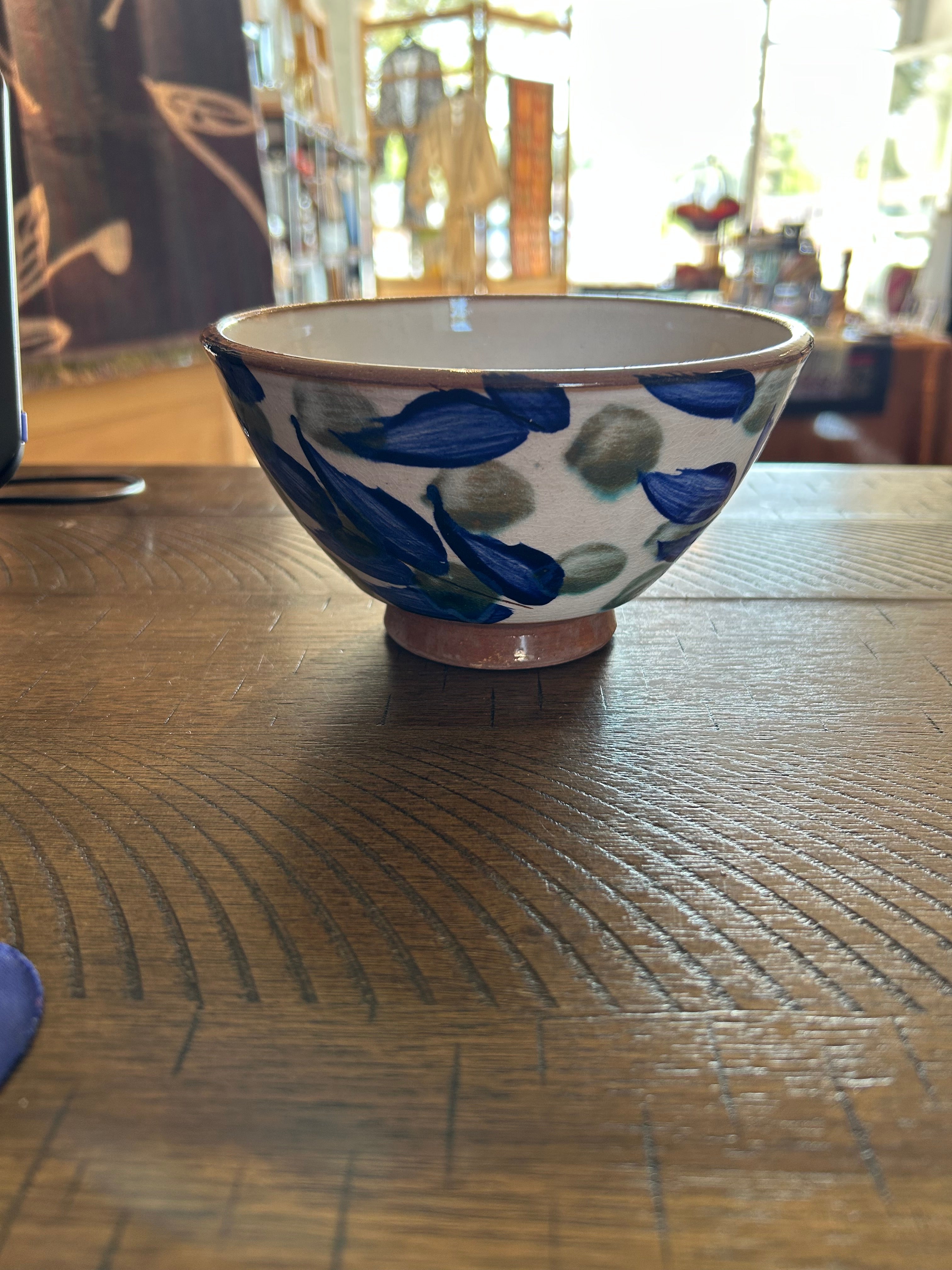 Pottery Bowl - Blue & Olive Leaves