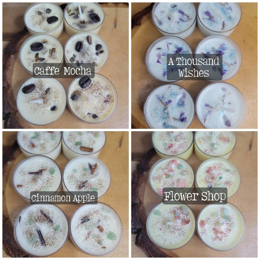 Soy Tea Light Candles with Herbs and Crystals