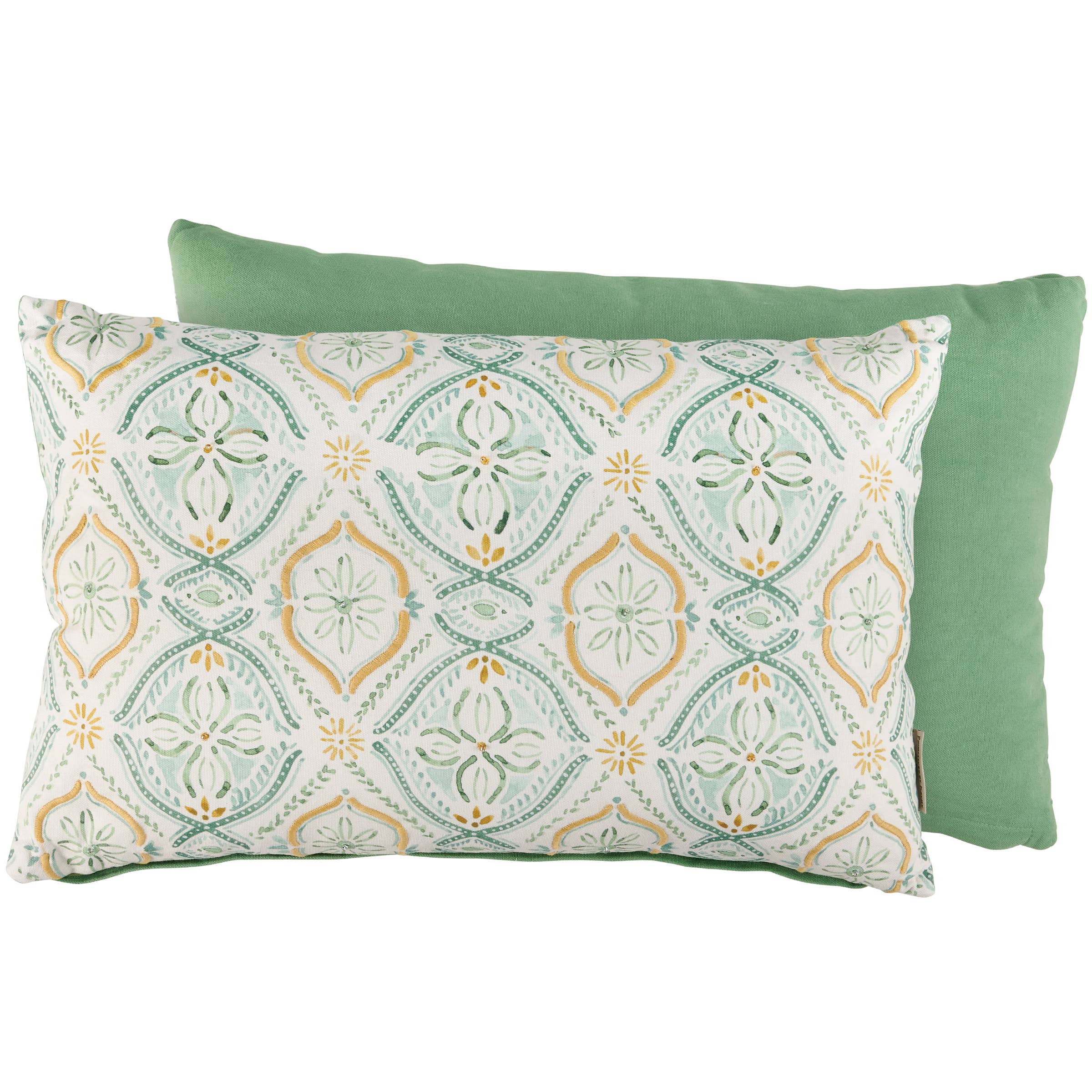 Two decorative pillows with geometric patterns on a white background