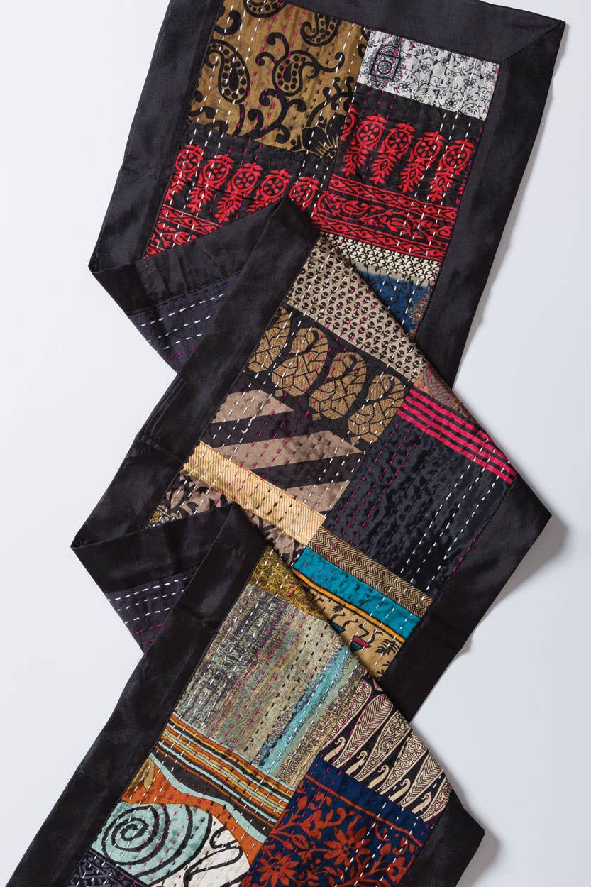 Black Kantha Silk Table Runner