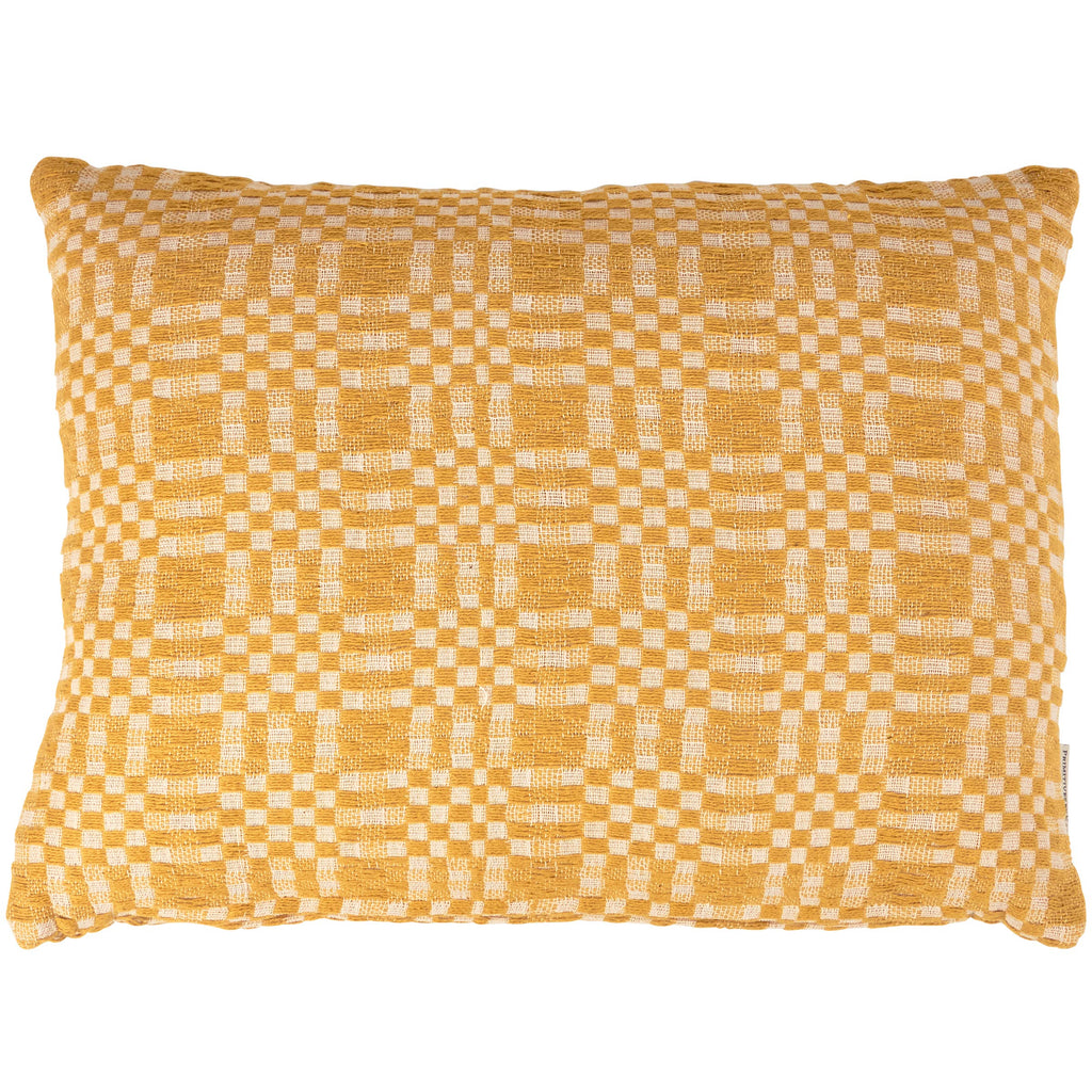 Yellow checkered pillow on a white background