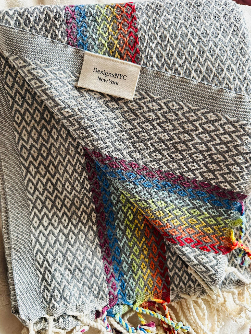 Rainbow patterned oversized throw, Shawl. Gray Background