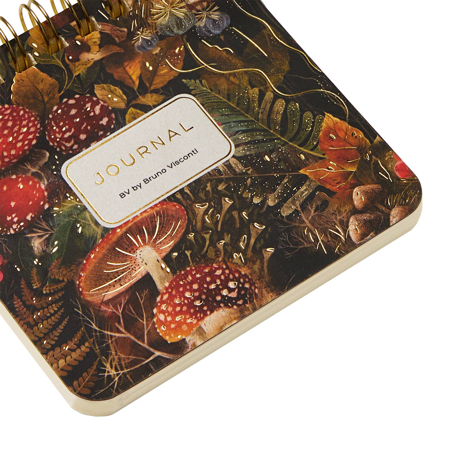 MIni Journal with nature-themed cover featuring mushrooms and leaves, branded by Bruno Visconti.
