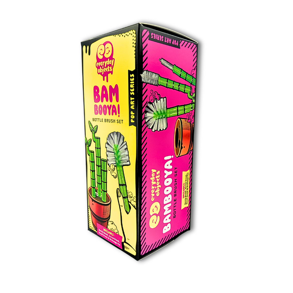 Box of Bam Booya bottle brush set with colorful design on a white background