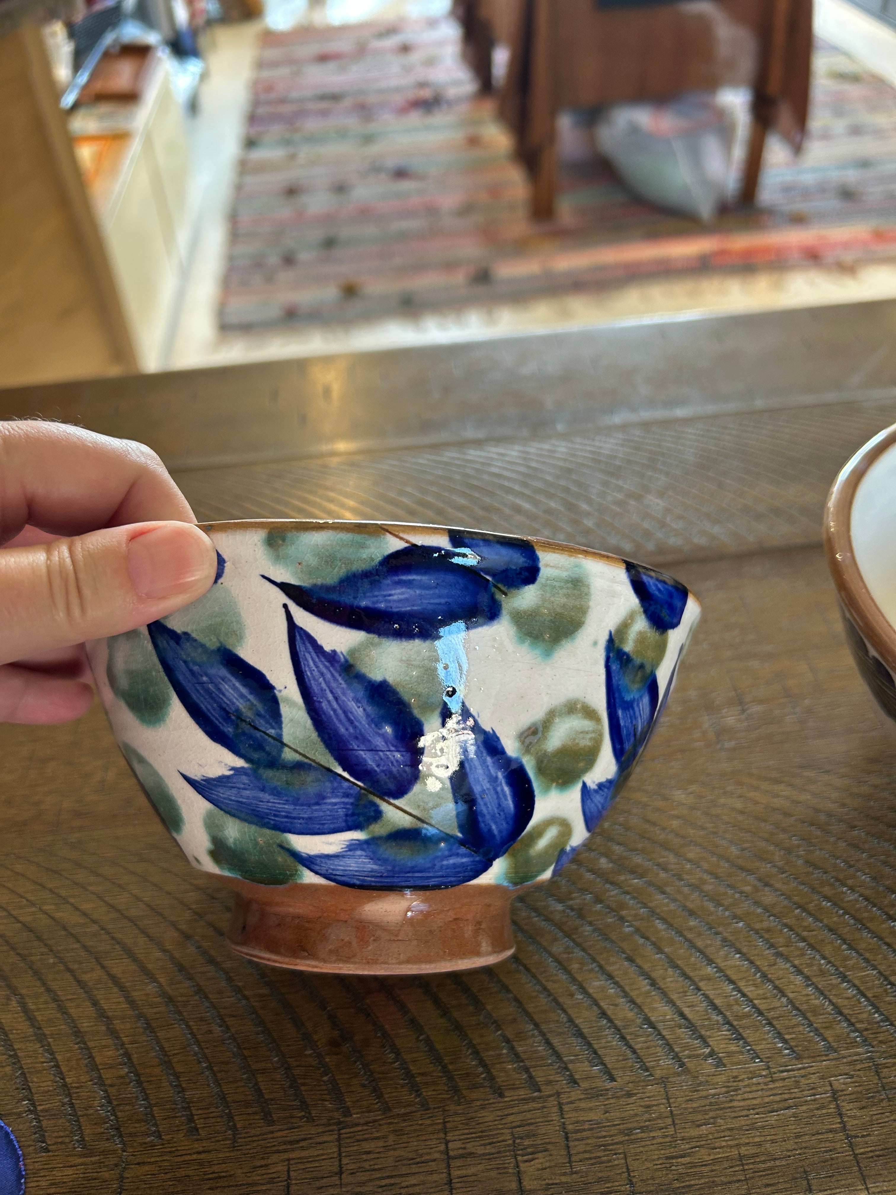 Pottery Bowl - Blue & Olive Leaves