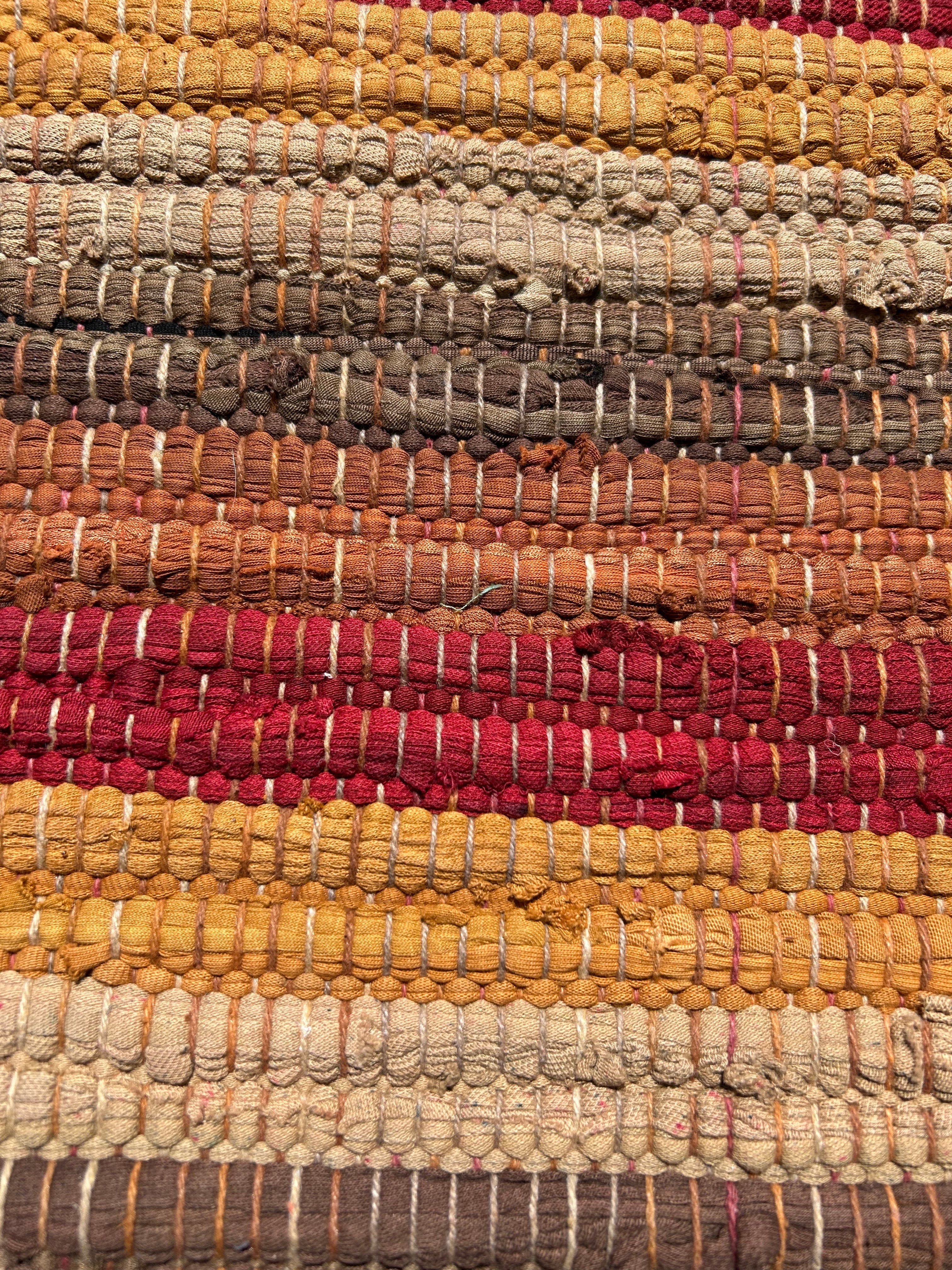 Close-up of woven textured fabric in various colors.