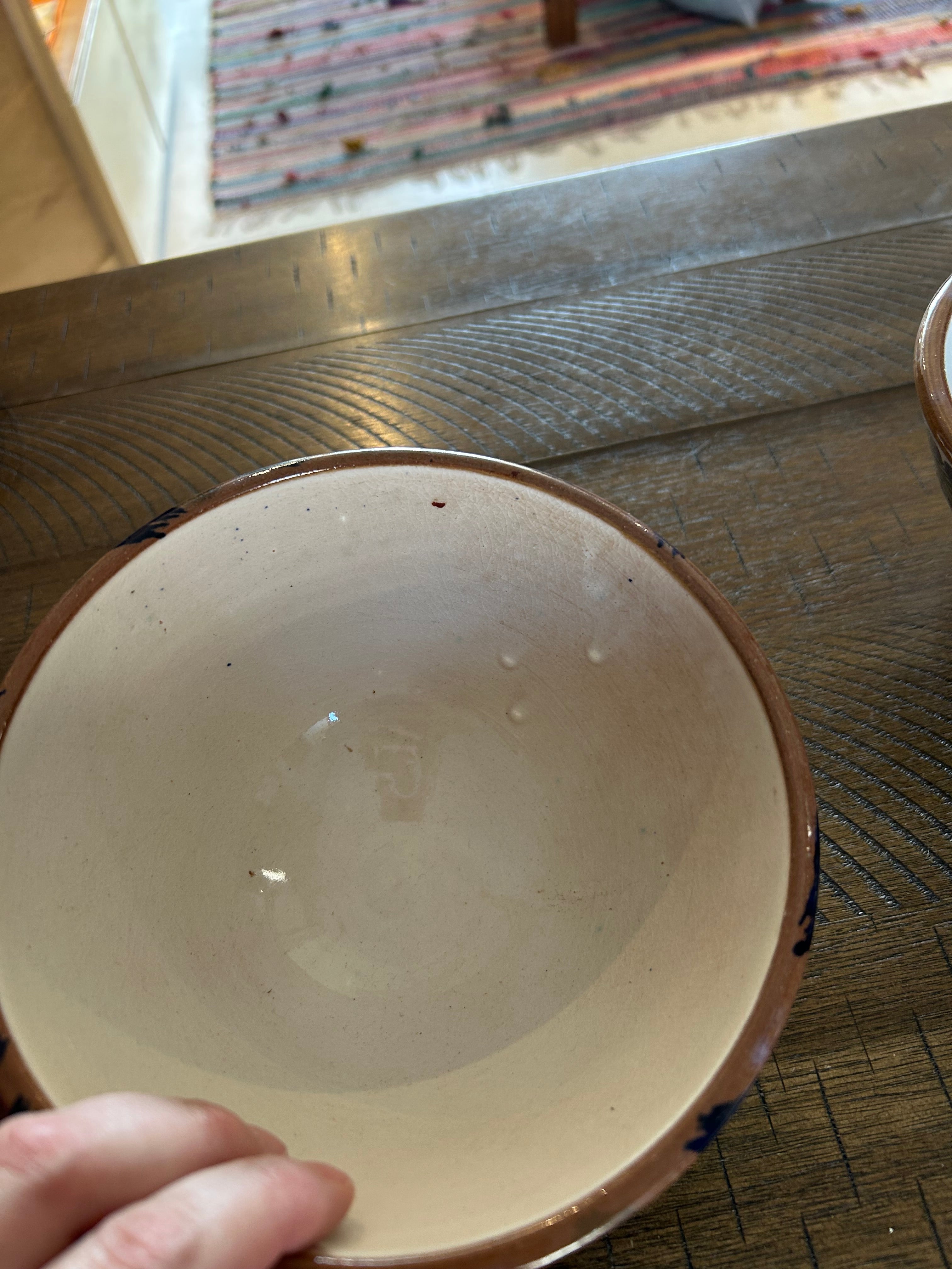 Pottery Bowl - Blue & Olive Leaves