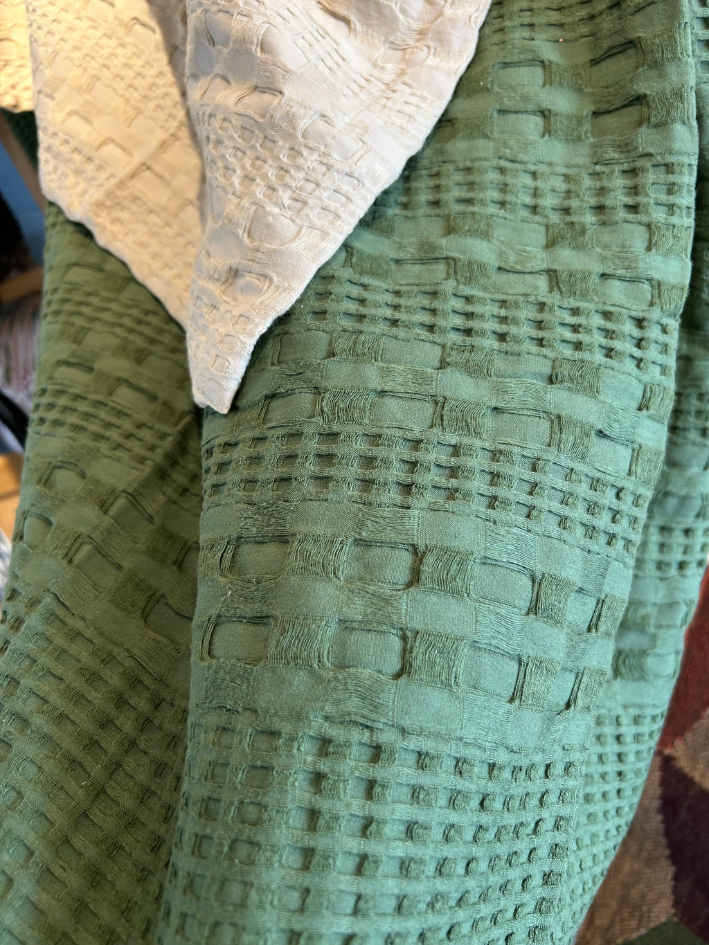 VHC Brands Waffle Weave Olive Green Throw Blanket 50x60 - Boho Farmhouse Cotton Decor for Bed, Couch & Sofa