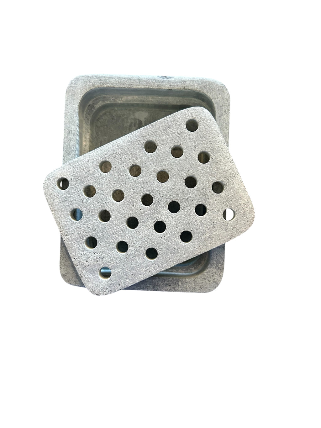 Top view of Soapstone Soap Dish with removable center of dish sitting juxed a pose on the base