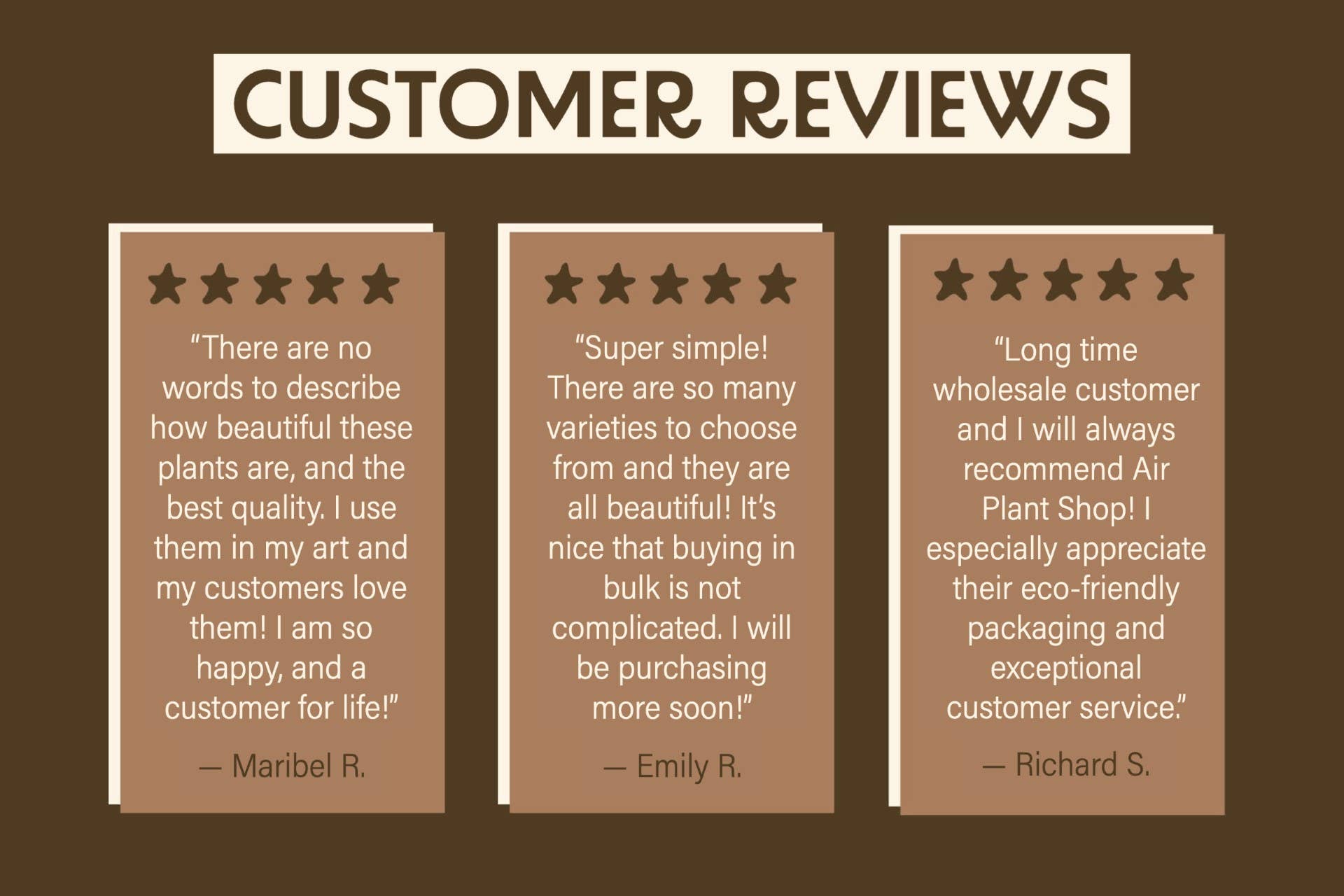 Three customer reviews on a brown background with a title 'CUSTOMER REVIEWS'.