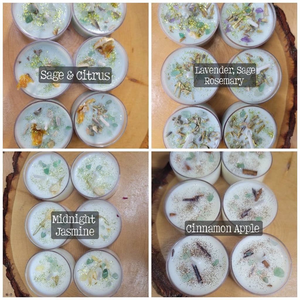 Soy Tea Light Candles with Herbs and Crystals