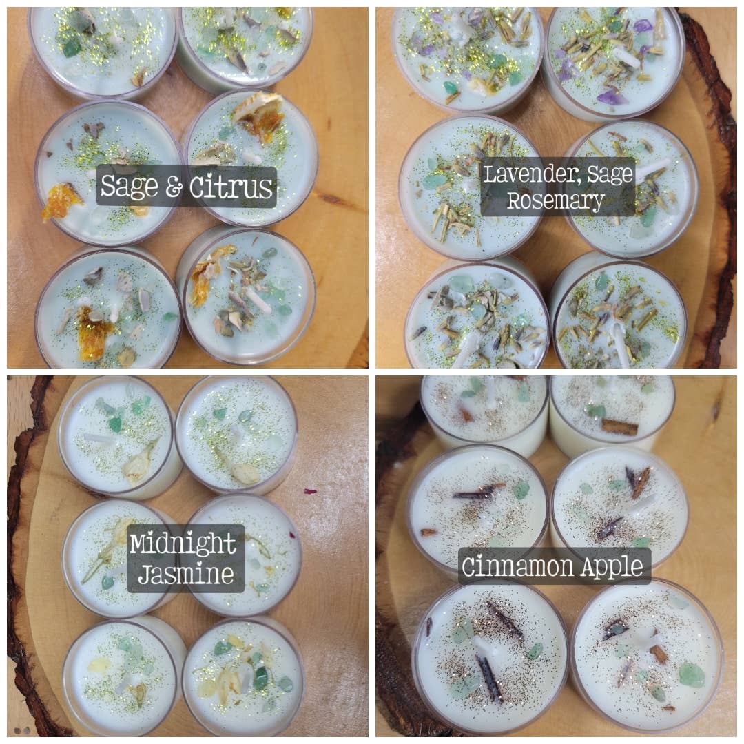 Soy Tea Light Candles with Herbs and Crystals