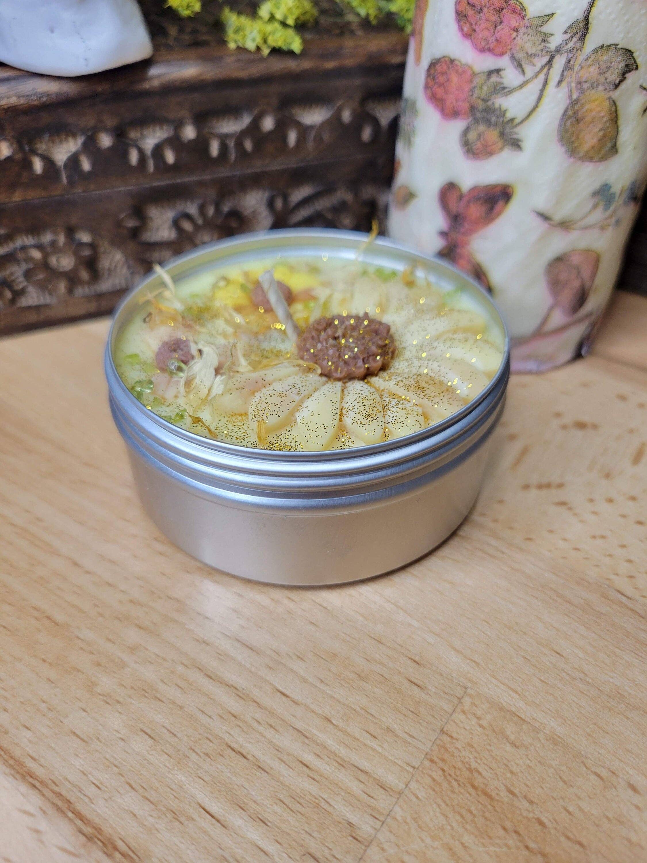 Sunflower Wax Candle with Crystals and Flowers, Soy Sunflower Candle Gift for Her Soy Candles