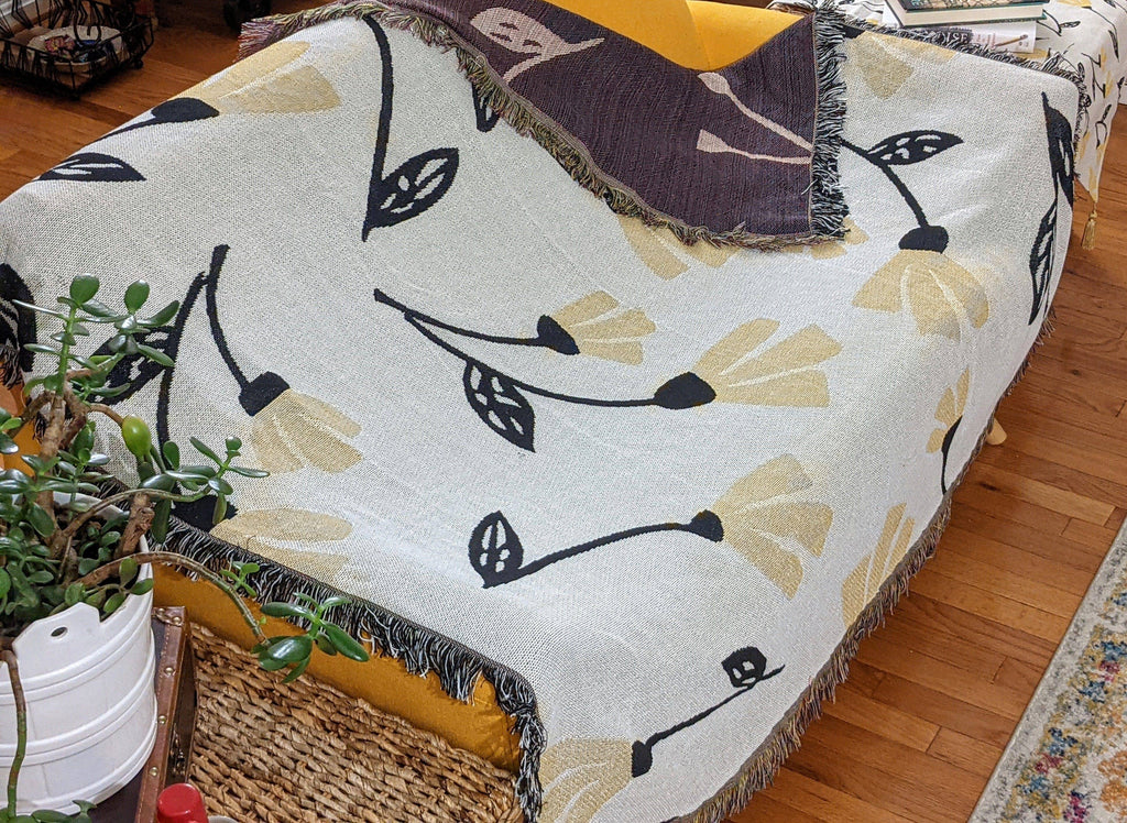 Yellow Fleur Botanical Sunshine Golden Floral Woven Tapestry Throw Blanket - 50” x 60” (18112)