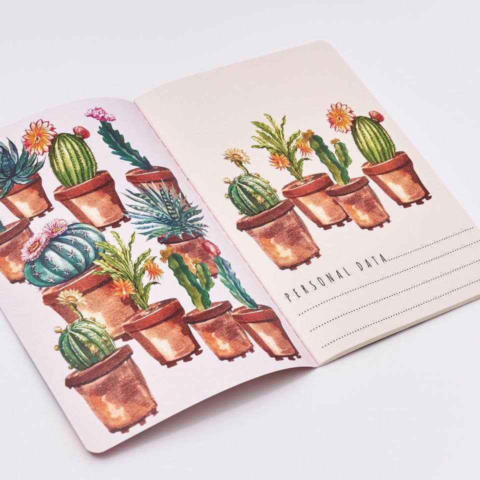 Notebook with cactus illustrations on a white background