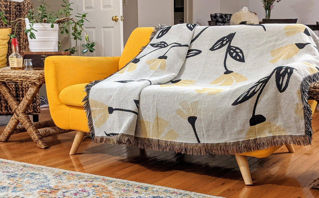 Yellow Fleur Botanical Sunshine Golden Floral Woven Tapestry Throw Blanket - 50” x 60” (18112)