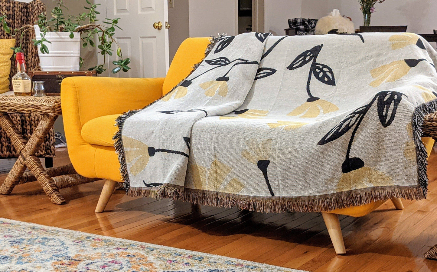 DaDa Bedding Yellow Fleur Botanical Sunshine Golden Floral Woven Tapestry Throw Blanket - 50” x 60” (18112)