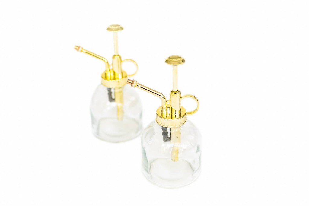 Two clear glass bottles with gold plastic nozzles on a white background