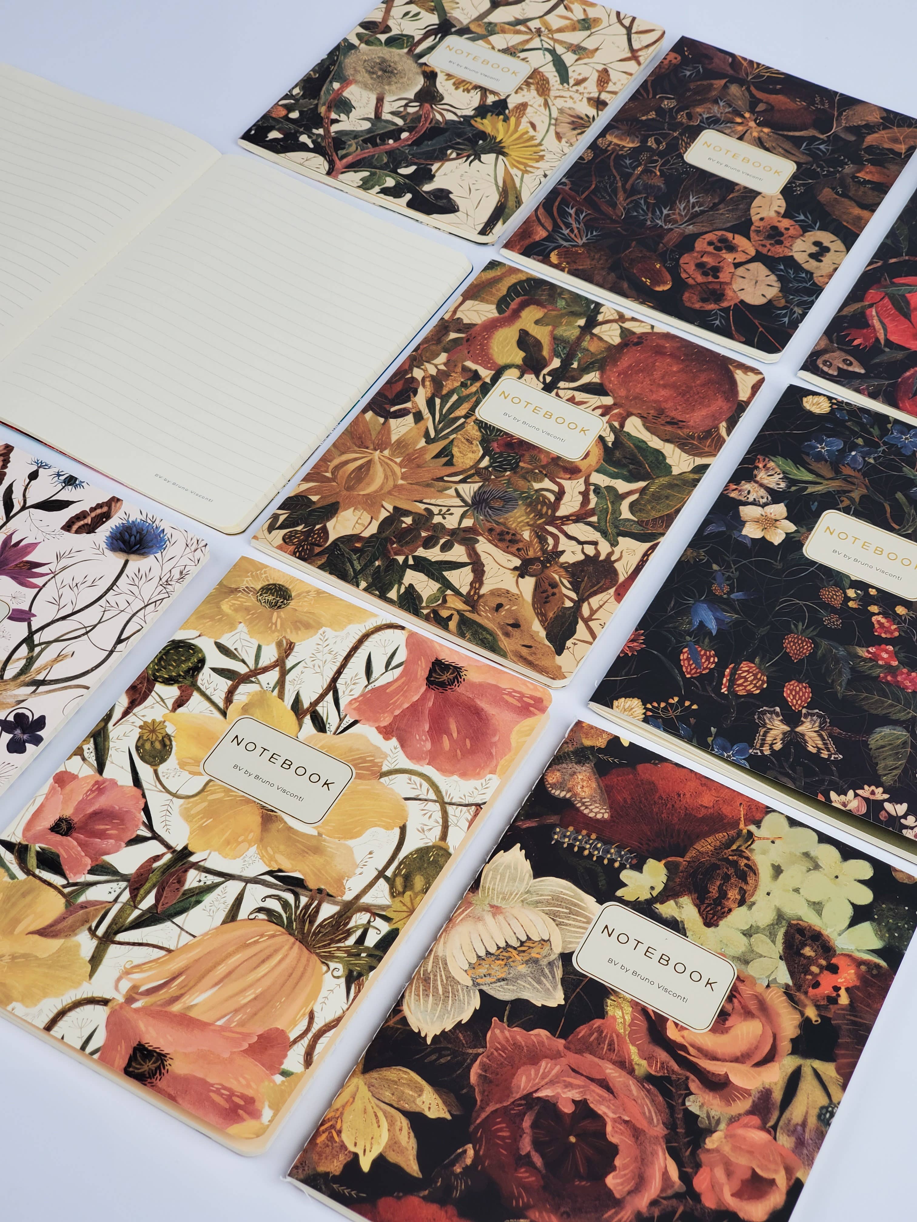 Set of floral notebooks with decorative covers on a white background