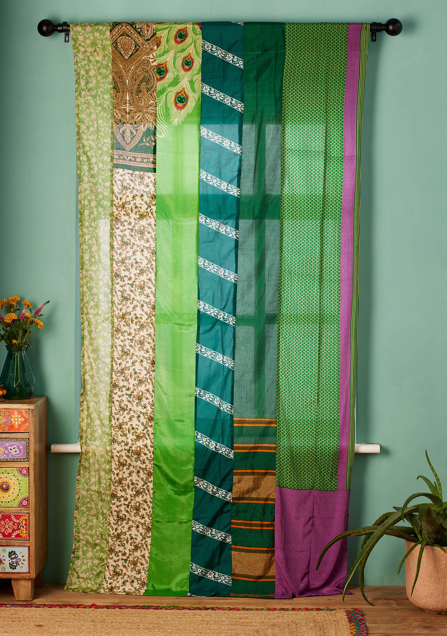 Recycled Sari Curtain Panel - Green