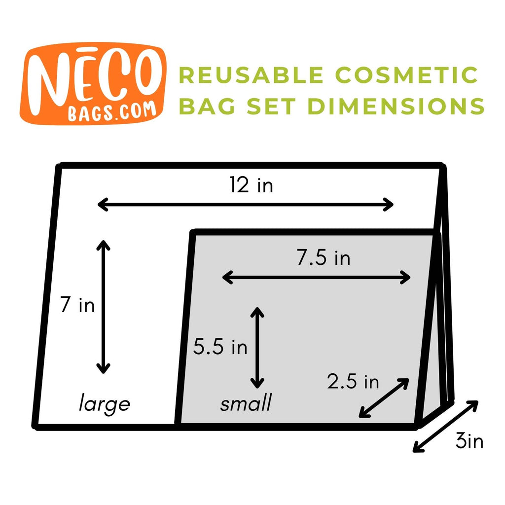 A dimension diagram for reusable cosmetic bags showing large and small bag measurements. The graphic includes the text 'NÉCO BAGS.