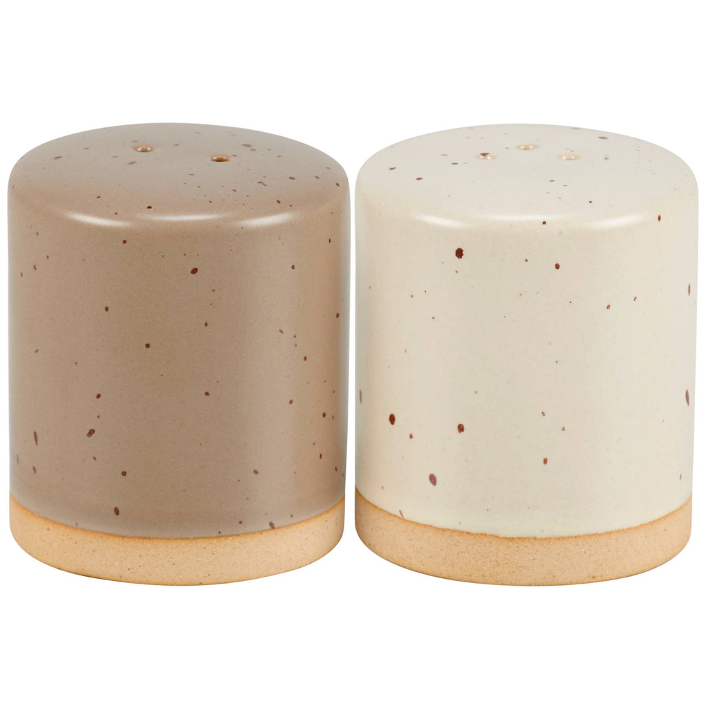 Two ceramic salt and pepper shakers with speckled pattern on a white background