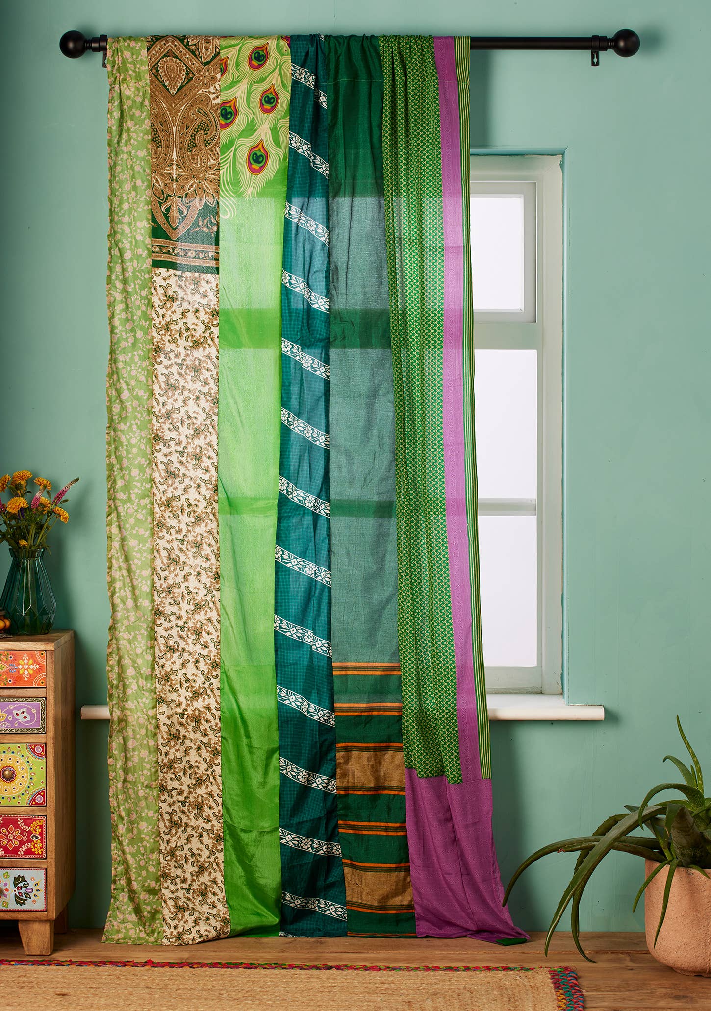 Recycled Sari Curtain Panel - Green