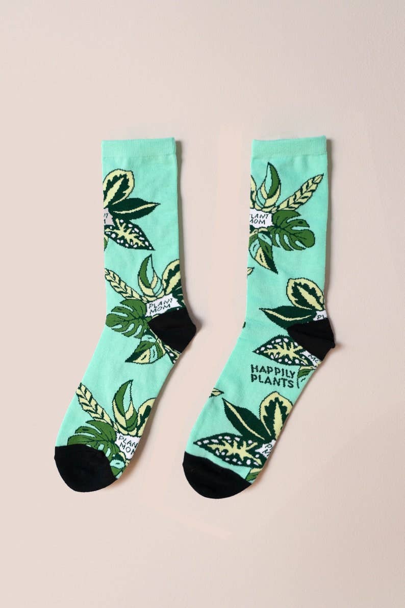 Teal Plant Mom Cotton Crew Socks, Plant Lover