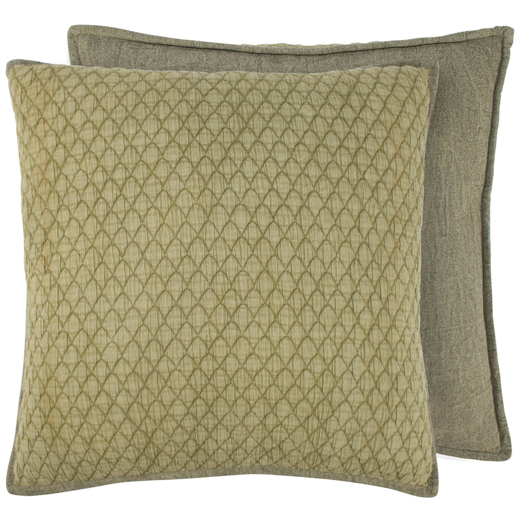 Two green textured pillows on a white background