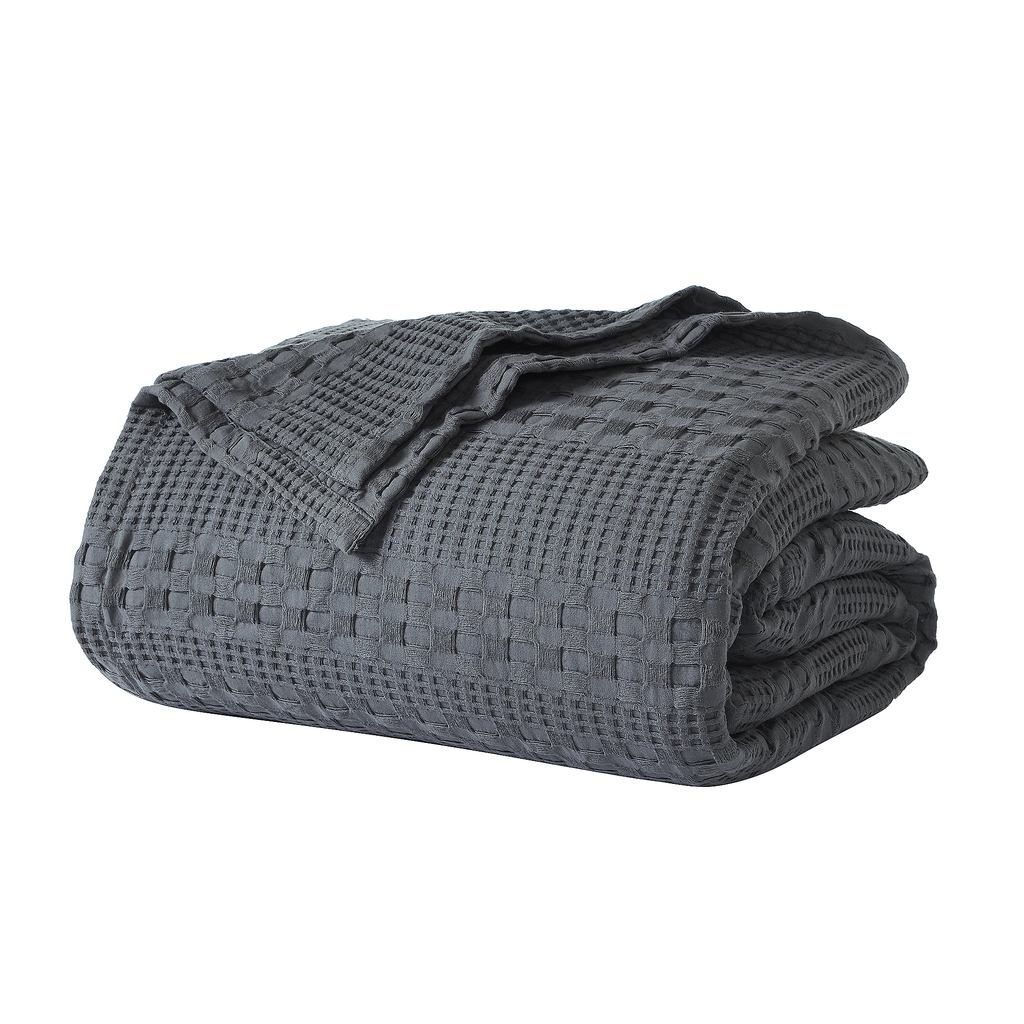 VHC Brands Dark Grey Waffle Weave Queen Blanket 90x90 - 100% Cotton, Lightweight Cover for Bed & Sofa