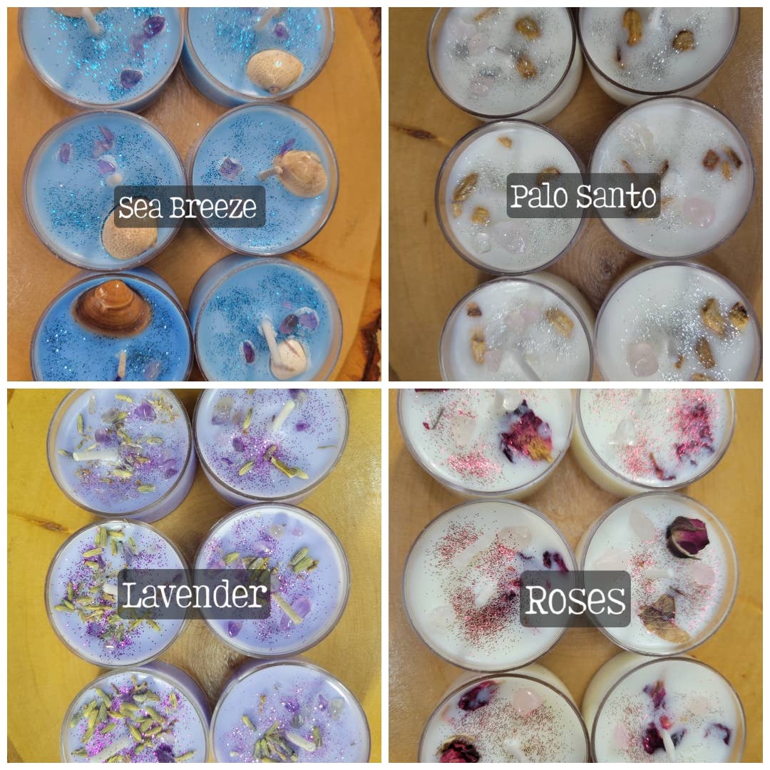 Soy Tea Light Candles with Herbs and Crystals