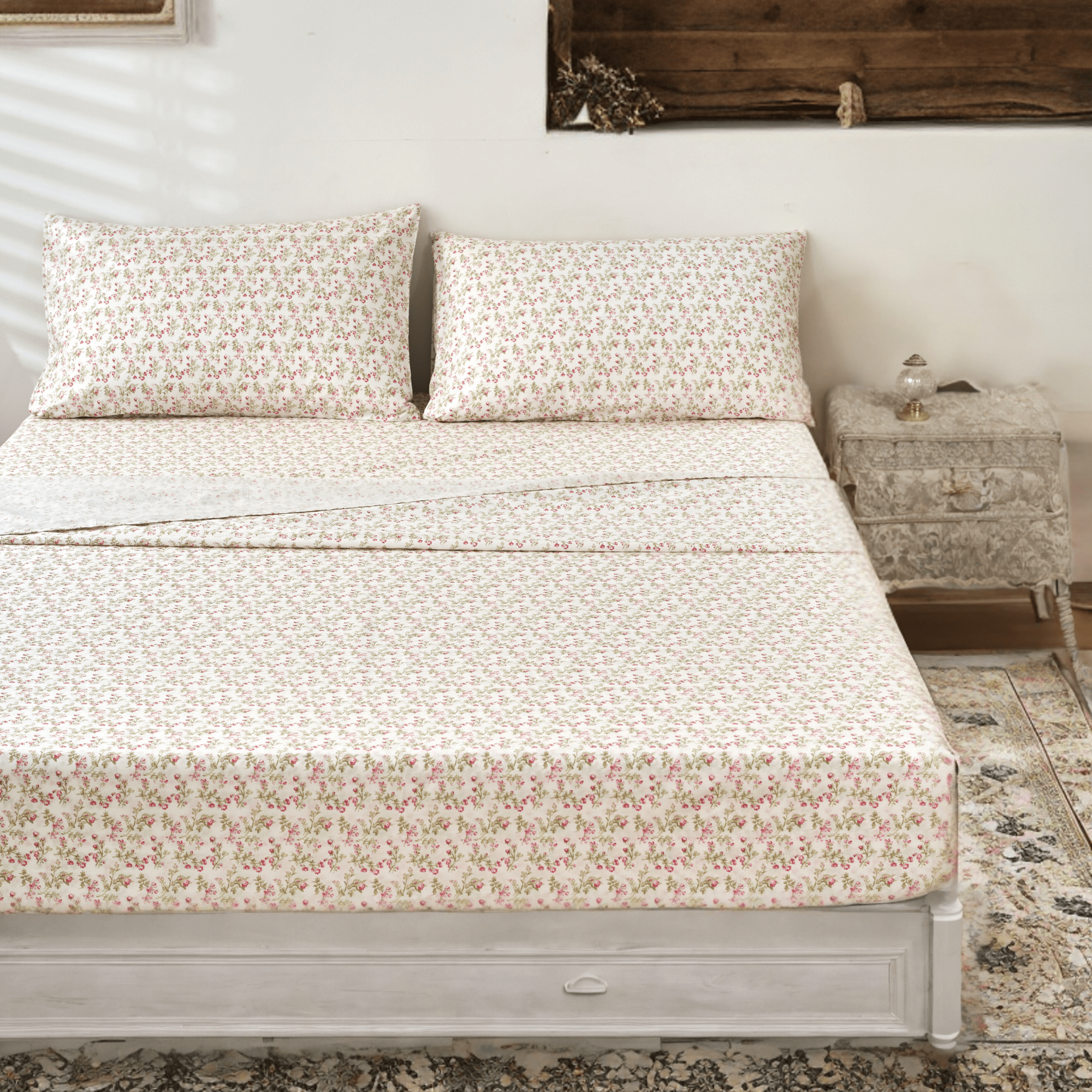 DaDa Bedding Collection Romantic Coquette Sheet Set - 100% Cotton Floral Fitted & Flat Sheets with Pillowcases - Deep Pocket Design - Soft, Breathable, Wrinkle-Resistant