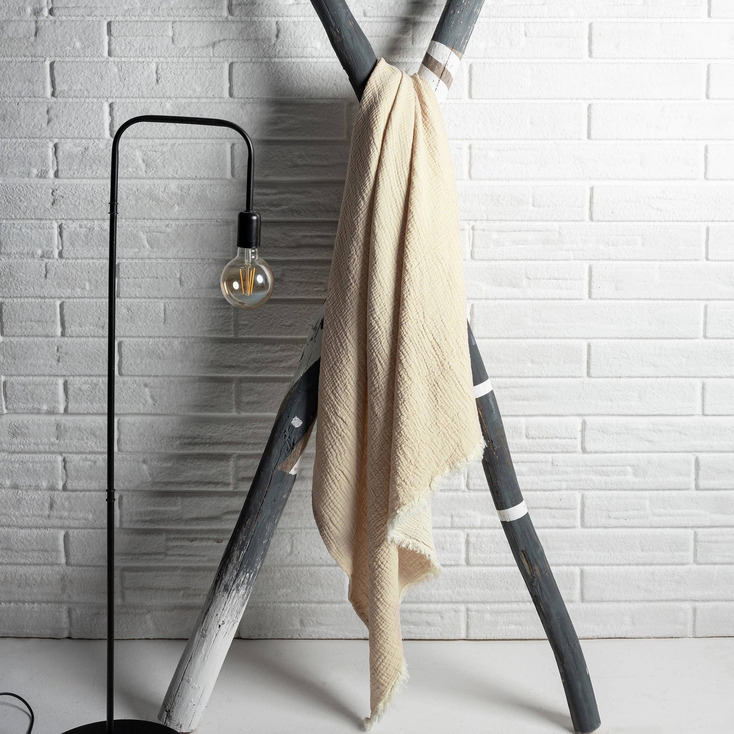 Sandy Turkish Crinkled Cotton Throw Blanket with Fringe