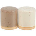 Two ceramic salt and pepper shakers with speckled patterns on a white background