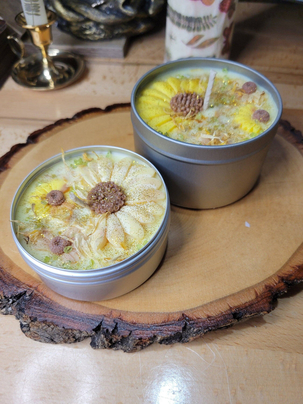 Sunflower Wax Candle with Crystals and Flowers, Soy Sunflower Candle Gift for Her Soy Candles