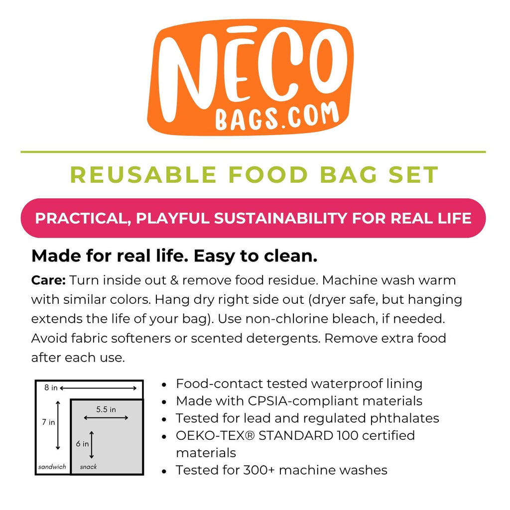 A product information graphic for a NÉCO reusable food bag set. The graphic features the orange and white NÉCO logo at the top, followed by the text 'REUSABLE FOOD BAG SET' and 'PRACTICAL, PLAYFUL SUSTAINABILITY FOR REAL LIFE'.
