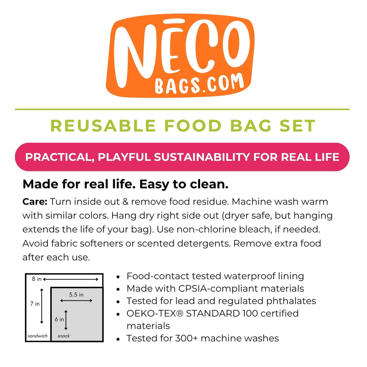 A product information graphic for a NÉCO reusable food bag set. The graphic features the orange and white NÉCO logo at the top, followed by the text 'REUSABLE FOOD BAG SET' and 'PRACTICAL, PLAYFUL SUSTAINABILITY FOR REAL LIFE'.