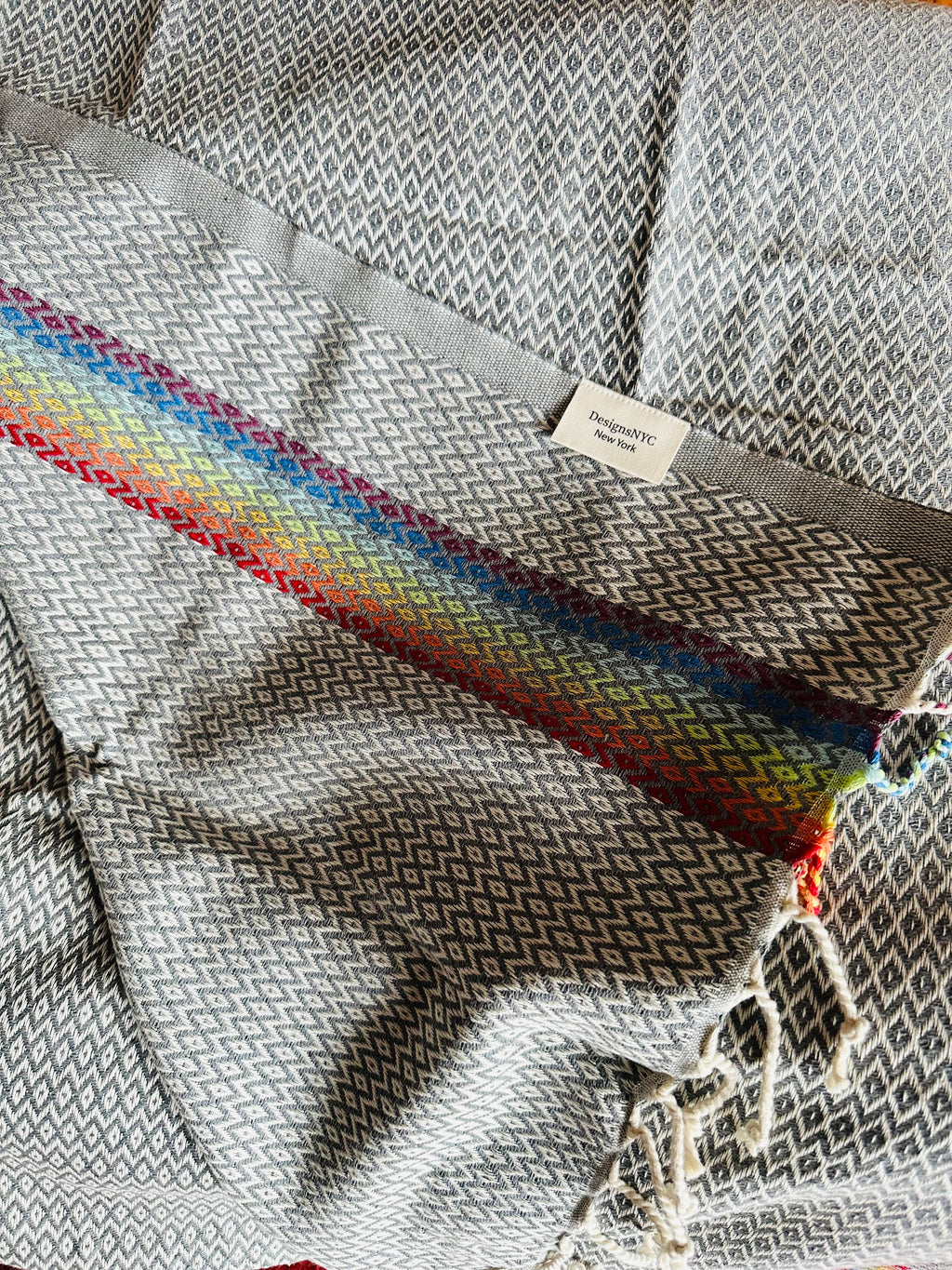 Rainbow patterned oversized throw, Shawl. Gray Background