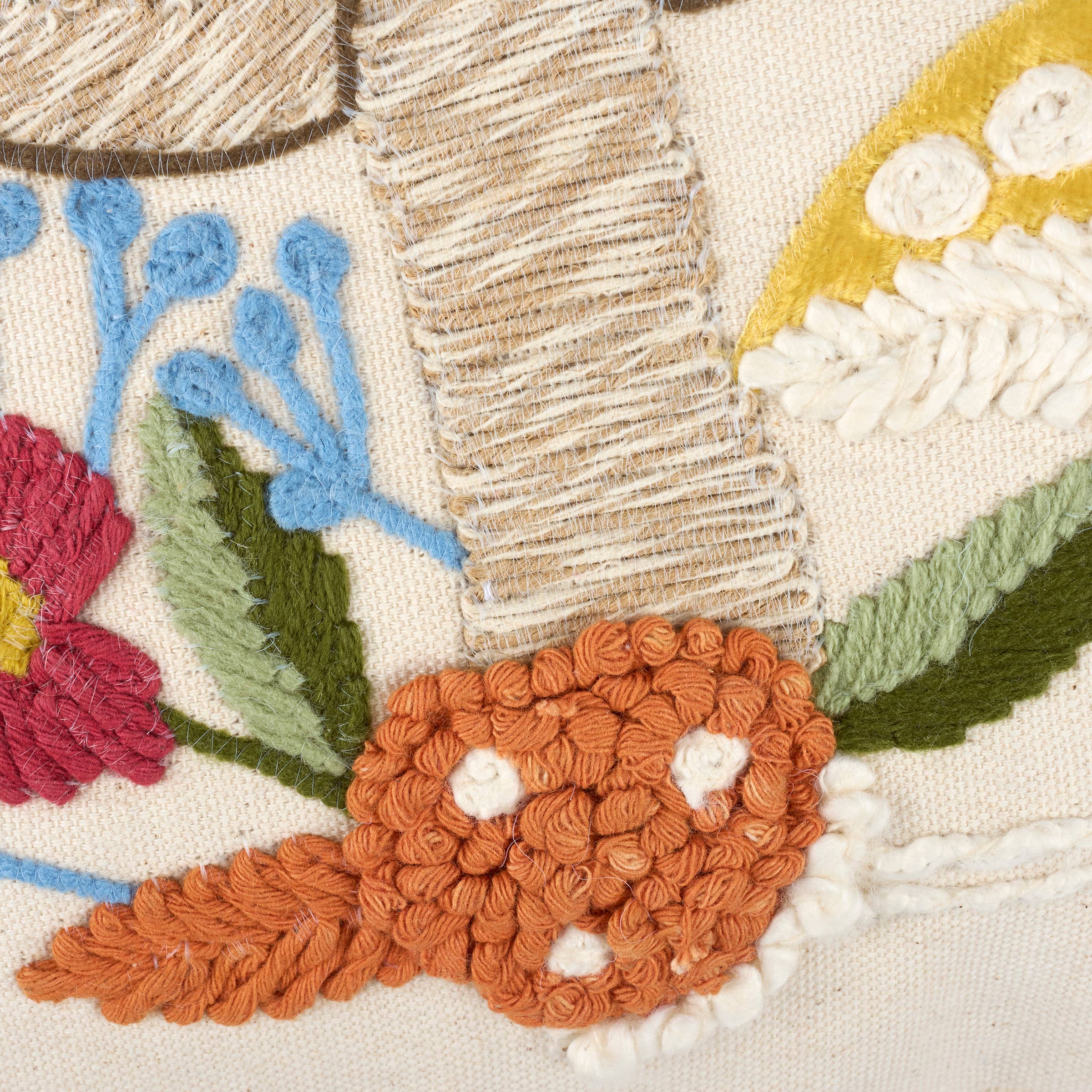 Close-up of a textured fabric with floral patterns and a snake-like design.