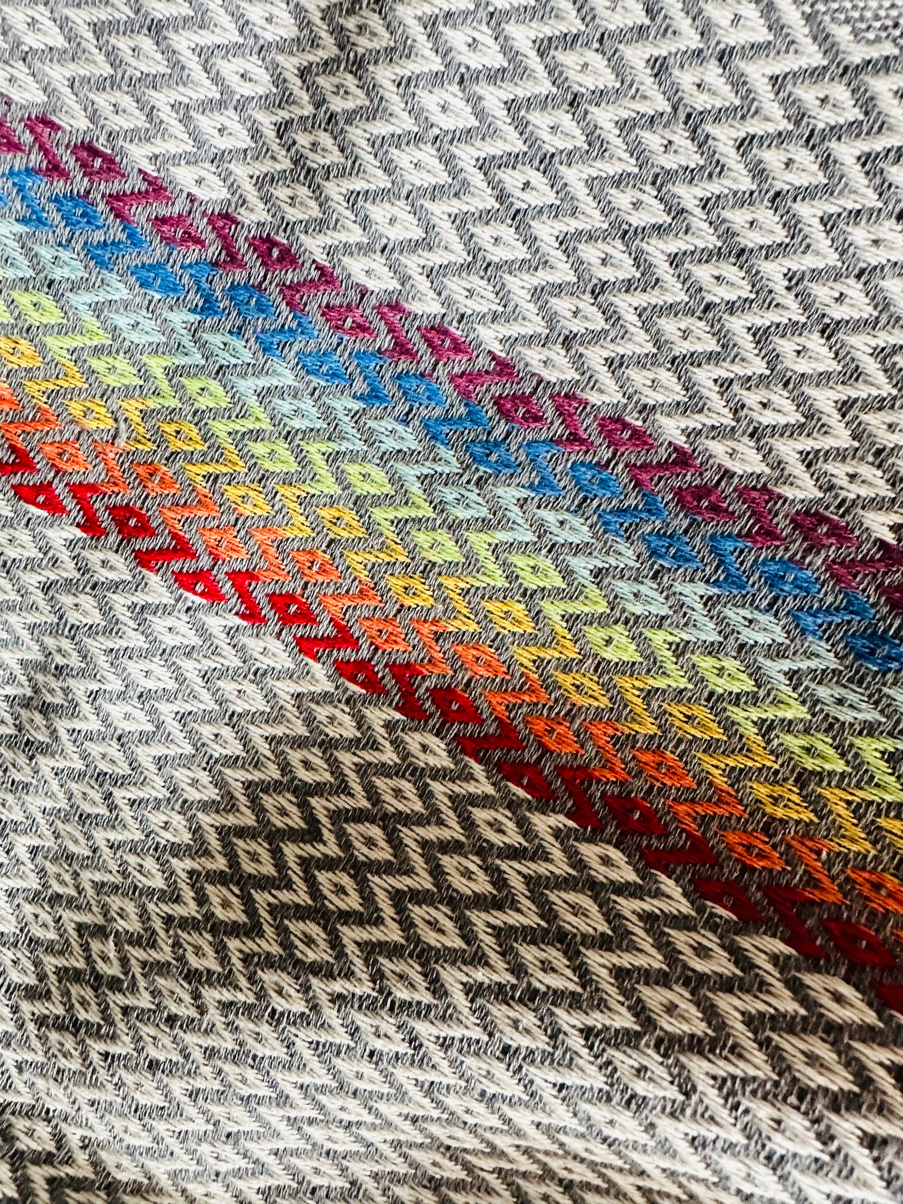 Rainbow patterned oversized throw, Shawl. Gray Background