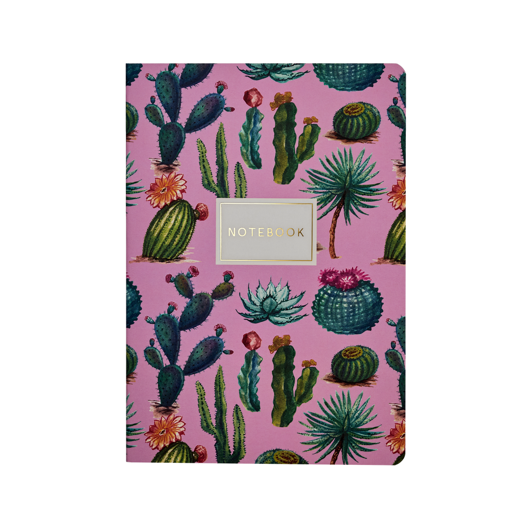 Notebook with cactus pattern on a pink background