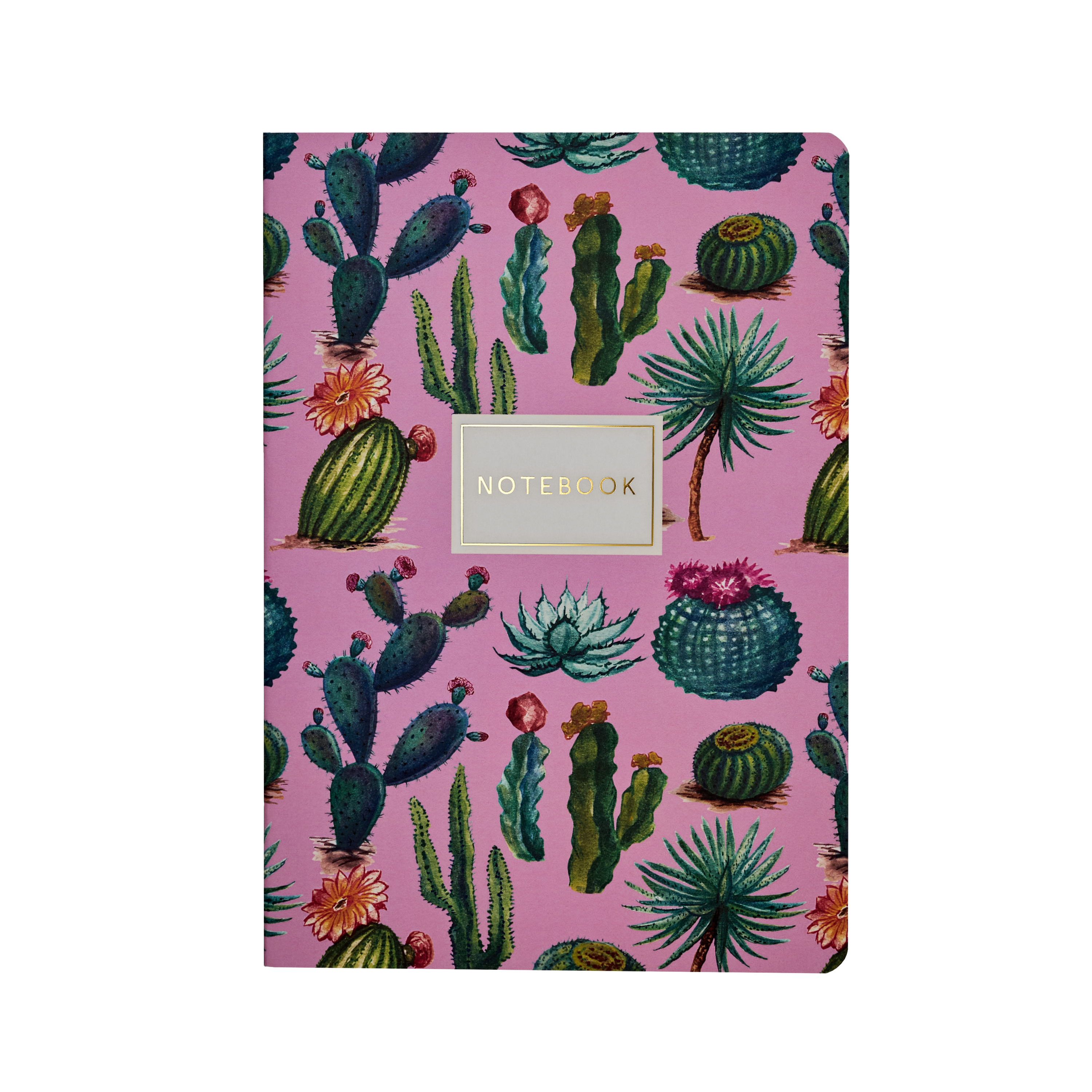 Notebook with cactus pattern on a pink background