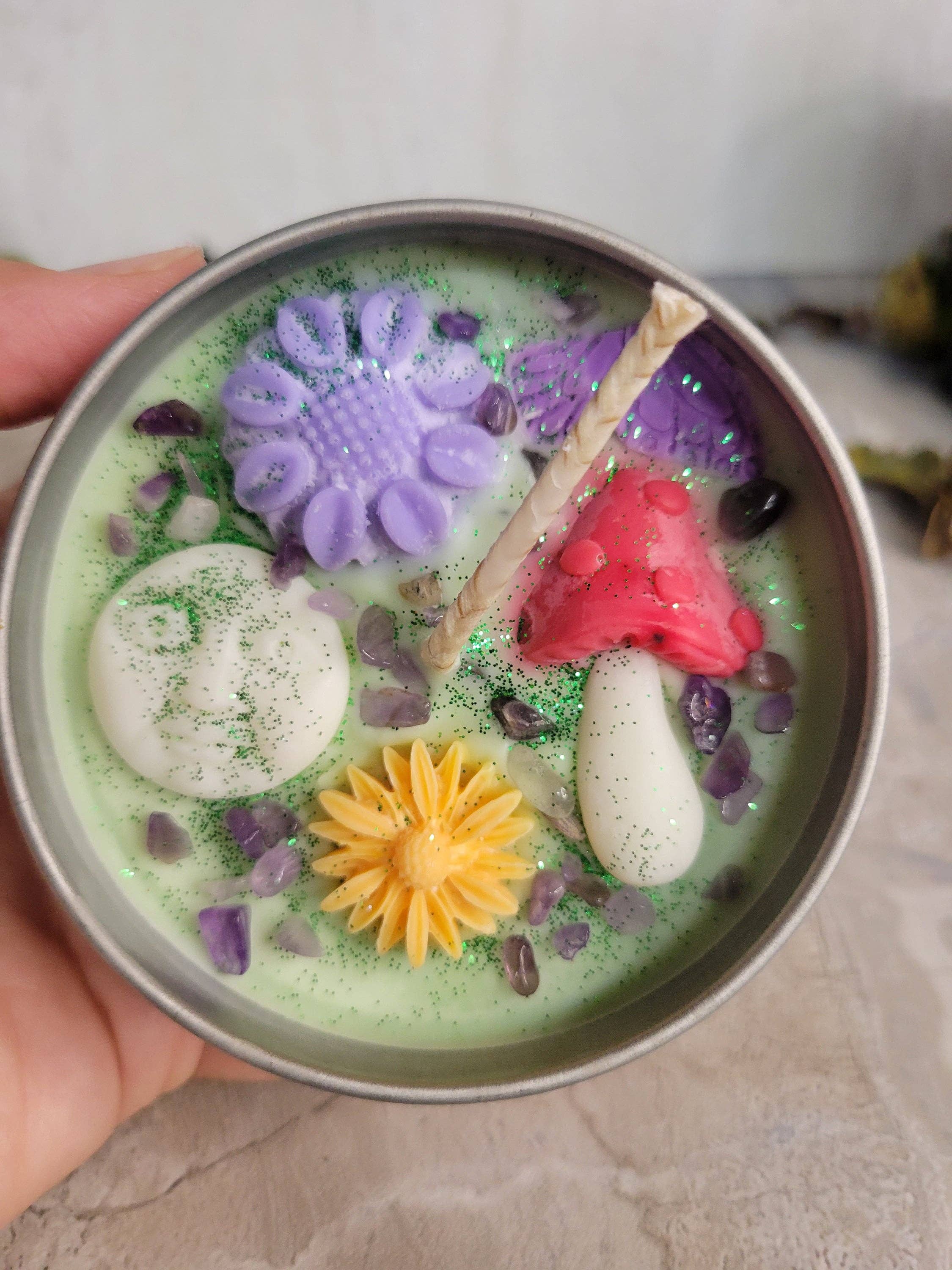 Soy Candle with decorative elements in a metal container