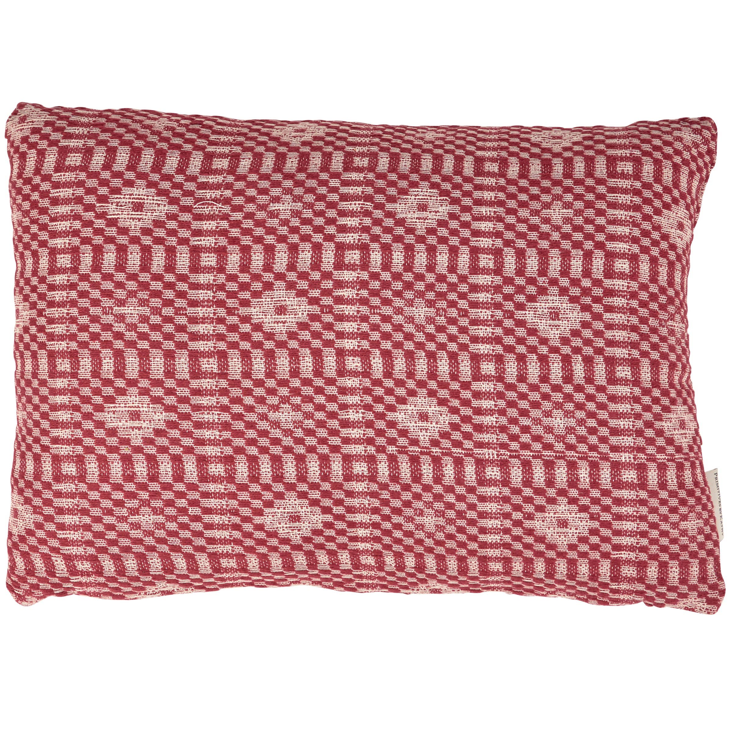 Red and white patterned pillow on a white background