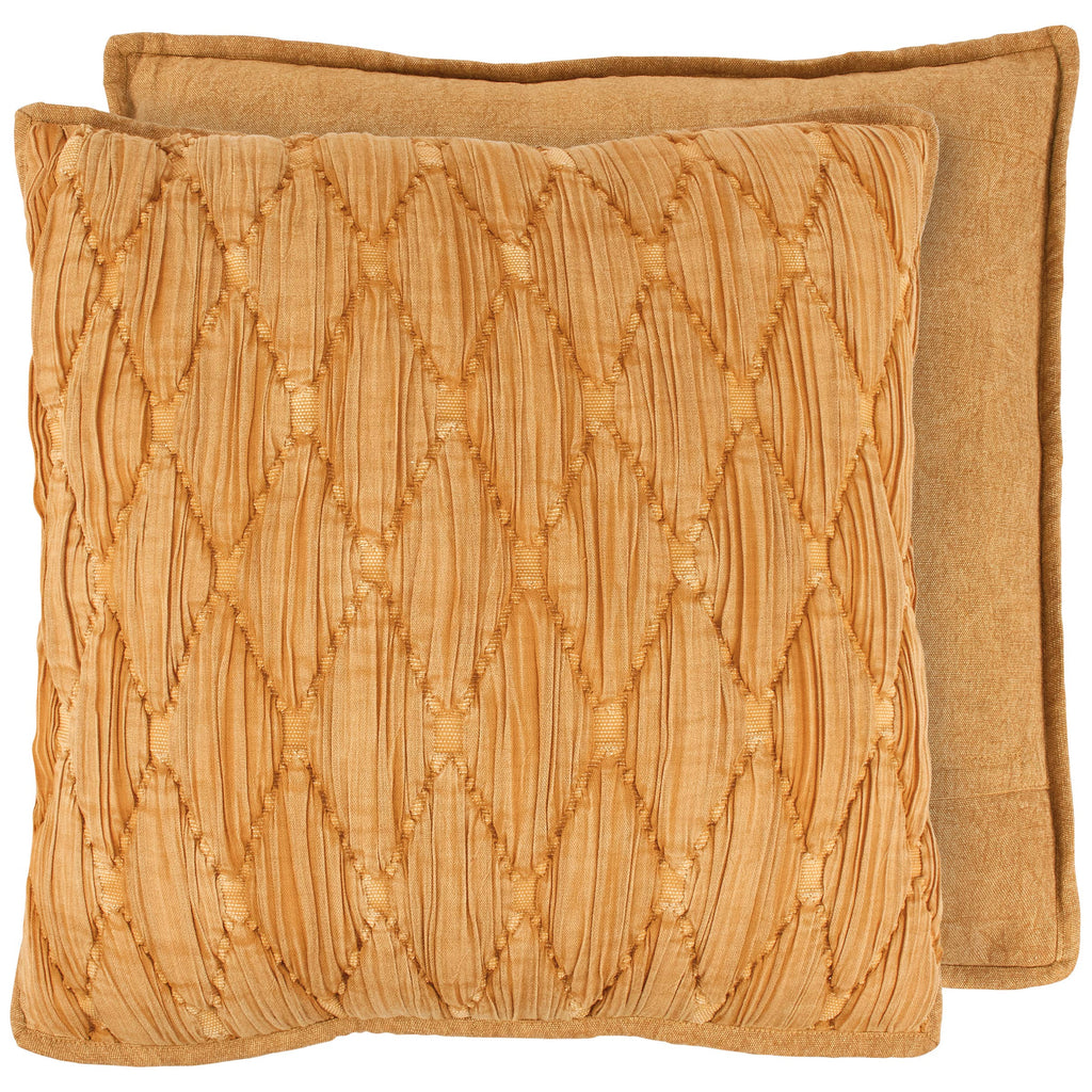 Two gold-colored textured pillows on a white background