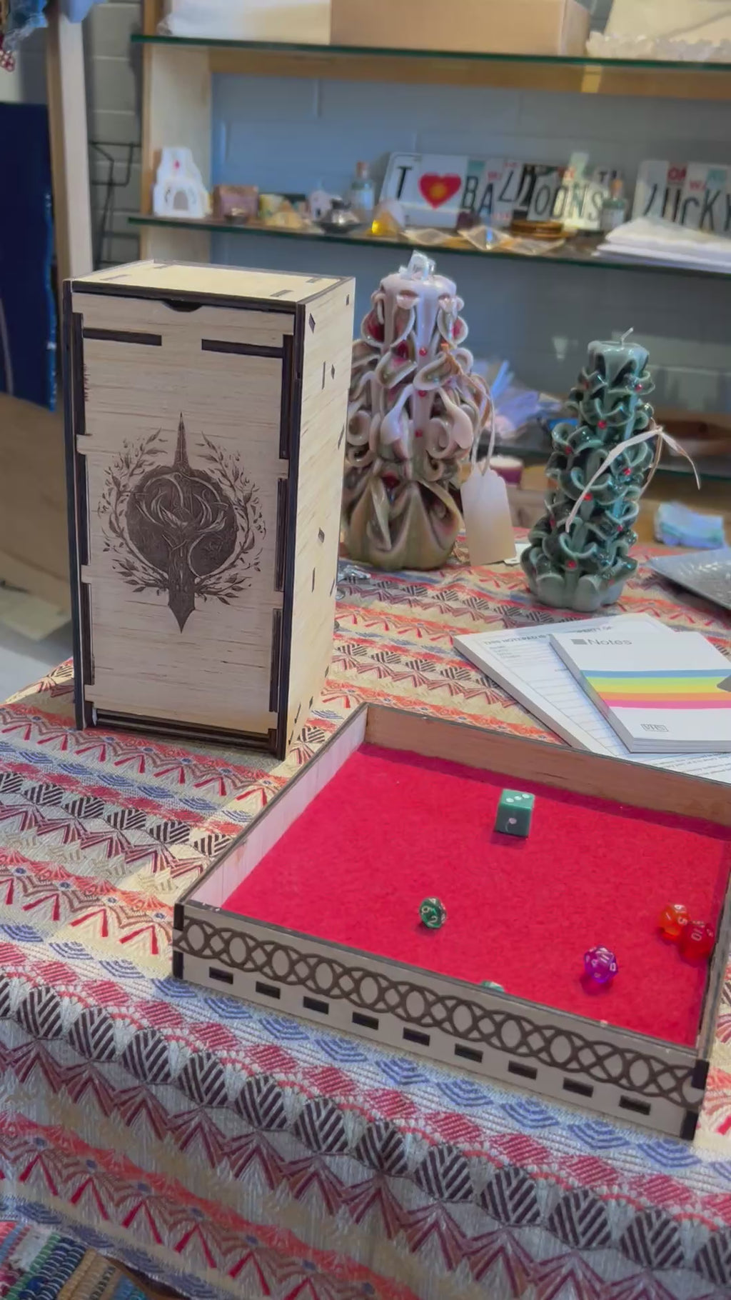 Wooden Dice Tower Shown with wooden felt covered dice tray