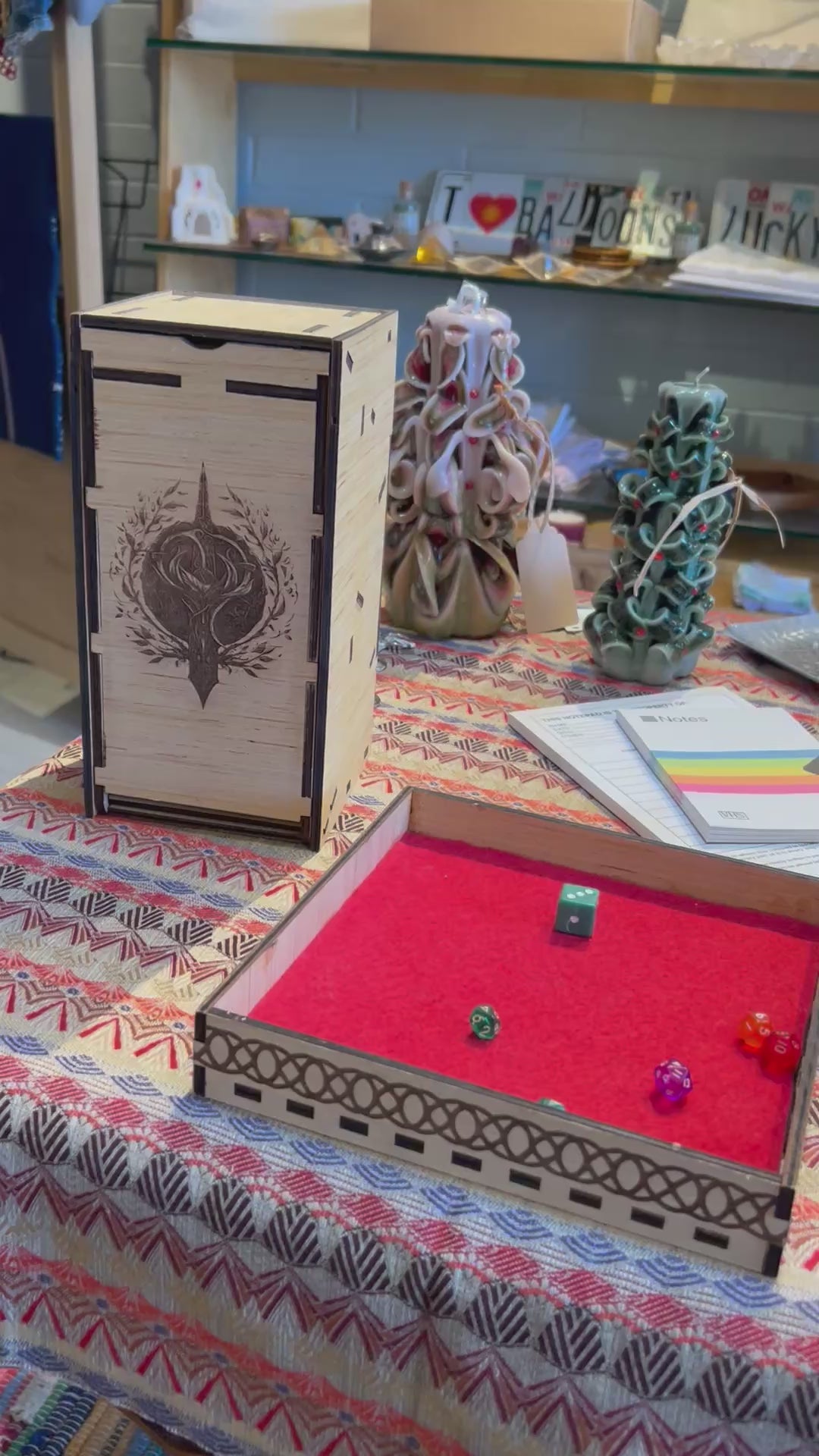 Wooden Dice Tower Shown with wooden felt covered dice tray