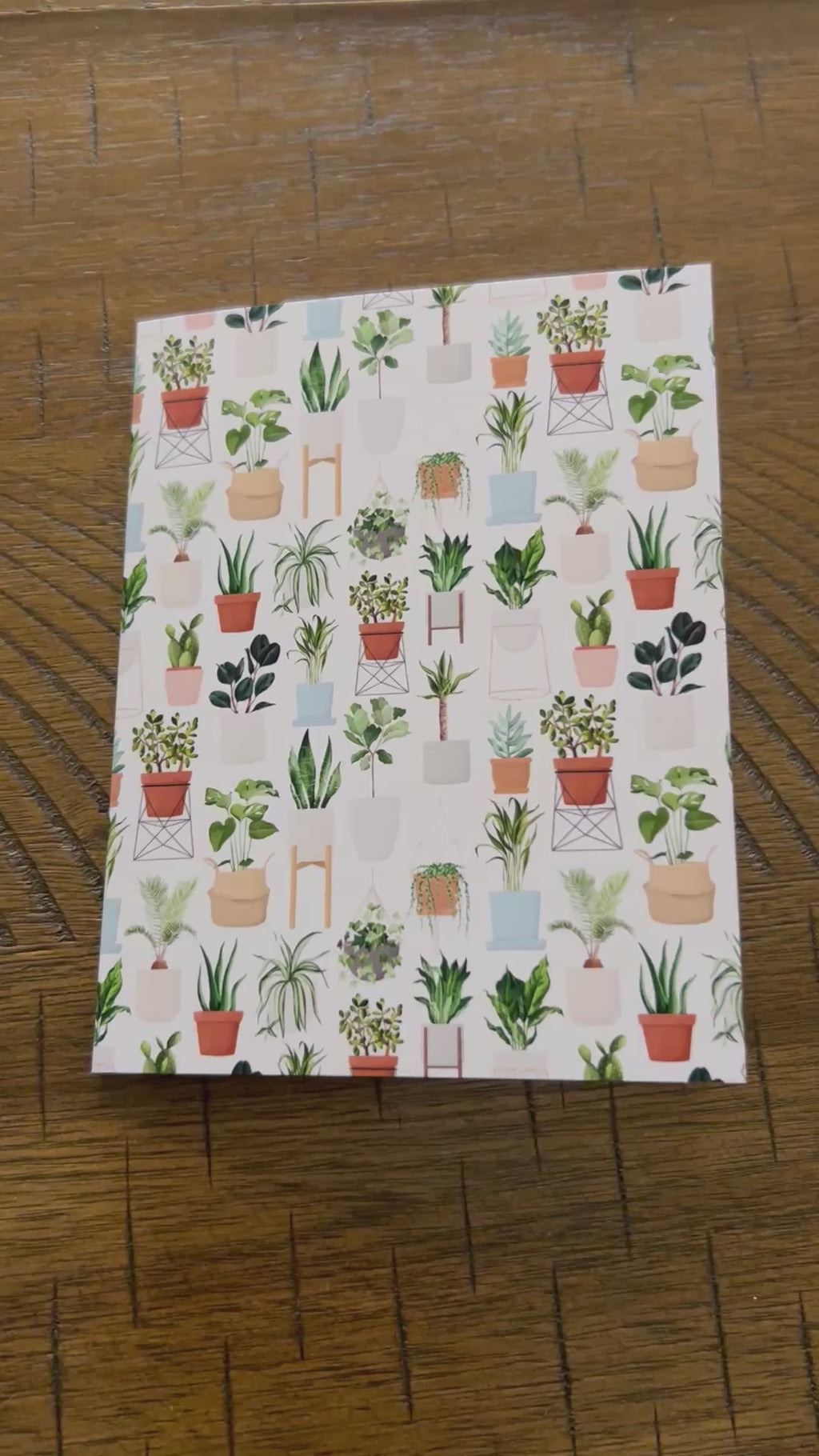 Short video of a greeting card with house plants on it, white blank inside, and back of card with the envelope that is included